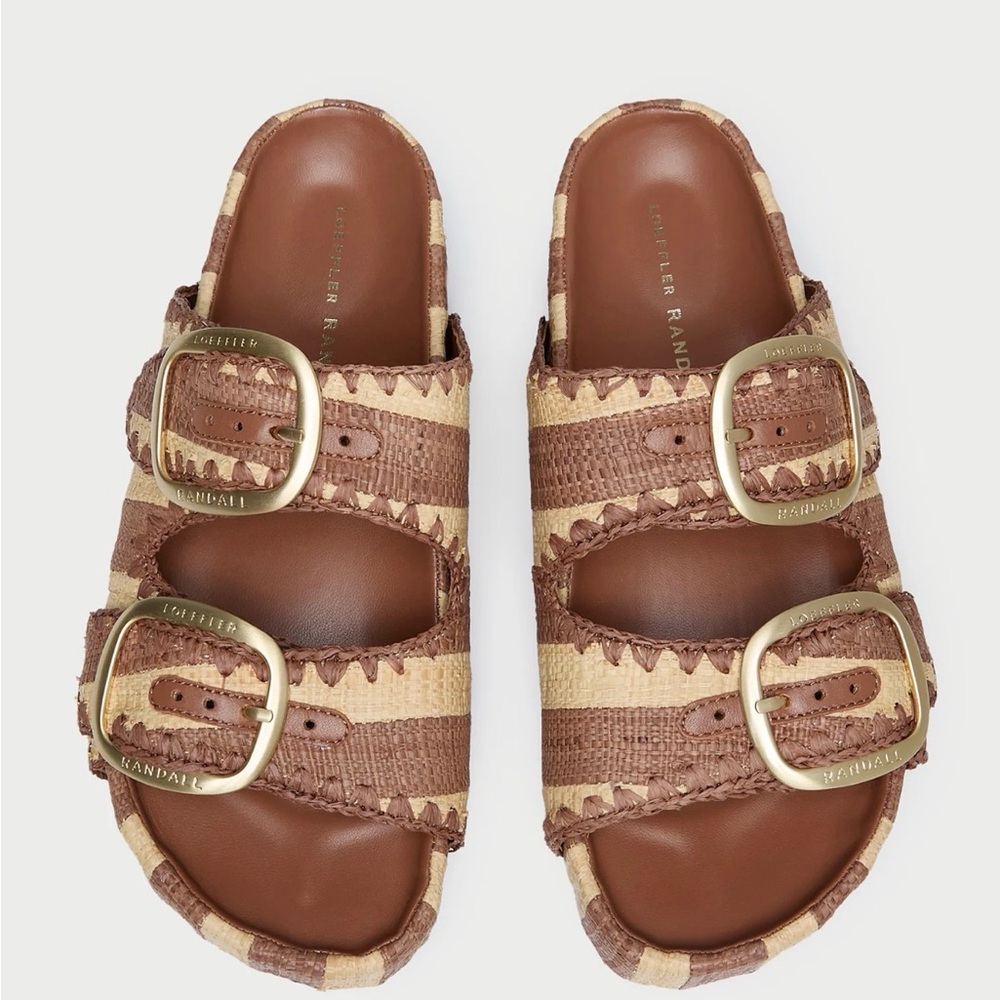 Loeffler Randall Striped Brown and Tan Theo Buckle Sandals - size 7.5